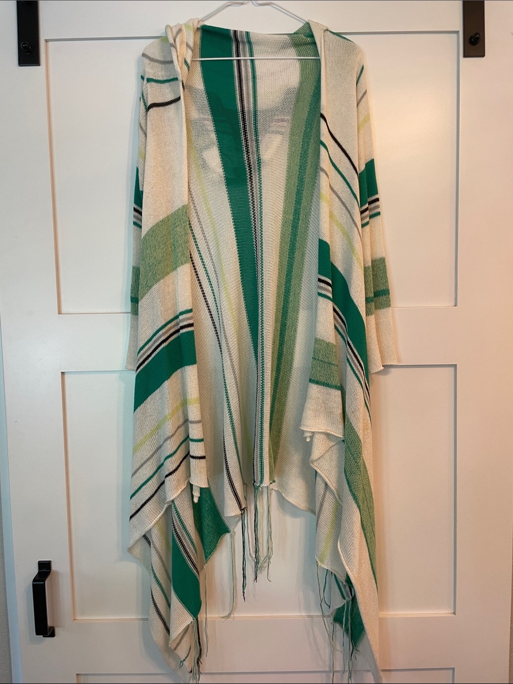 Goddis Knitwear Linsey Green Stripe Hooded Wrap Sweater with Fringe L